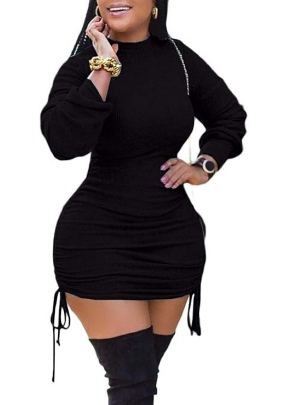 Black Long Sleeve Ruched Bodycon Mini Sweater Dress